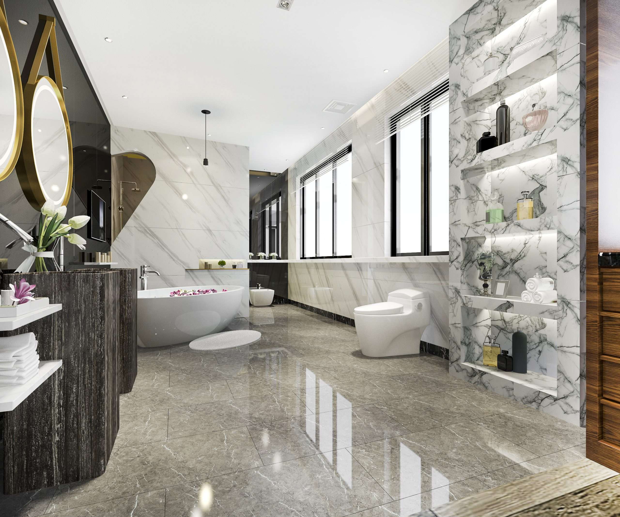 Brown Leather Couches on White Floor Tiles